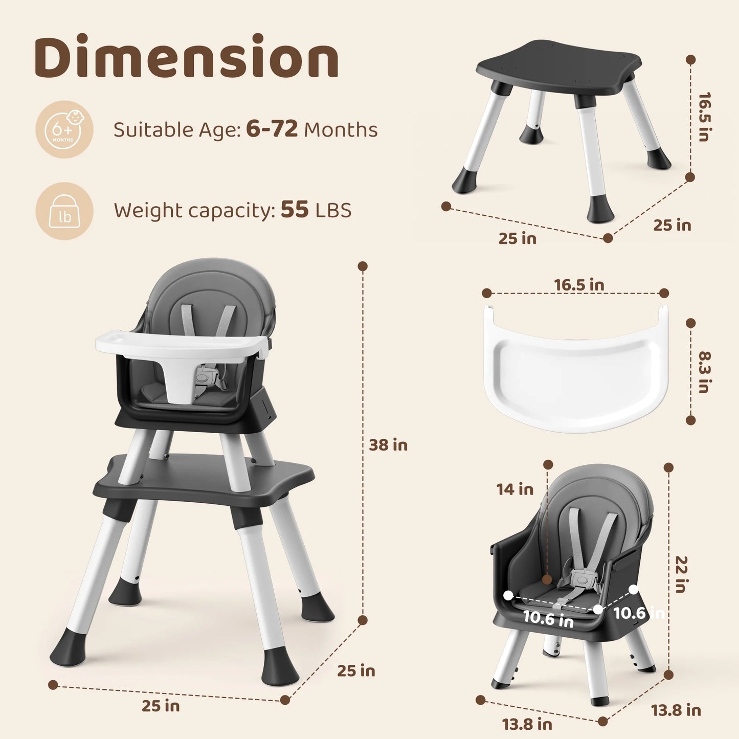 8-In-1 Baby High Chair, Toddler Booster Seat with Dishwasher-Safe Tray, Dark Grey
