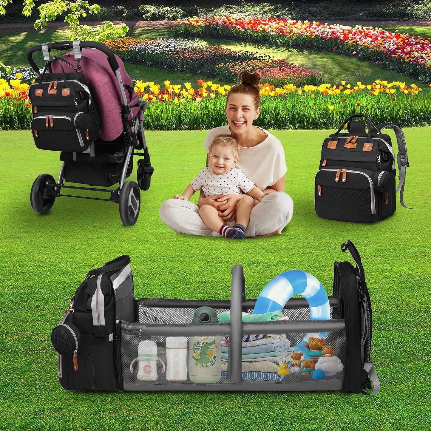 Baby Diaper Bag Backpack with Changing Station,Baby Essentials(Black) | Baby Bag Multifunctional Waterproof Travel Backpack with Changing Pad, Pacifier Case & Stroller Straps