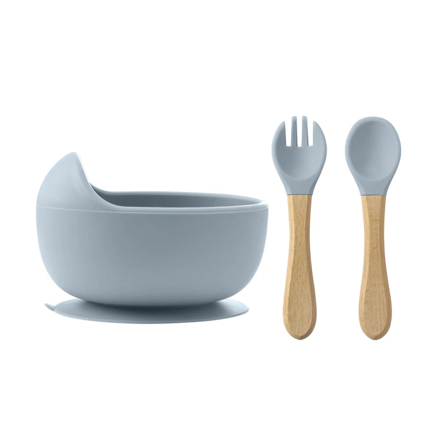 3Pcs Silicone Baby Feeding Bowl Set Baby Learning Dishes Suction Bowl Set Wood Spoon Fork Children Tableware Baby Stuff