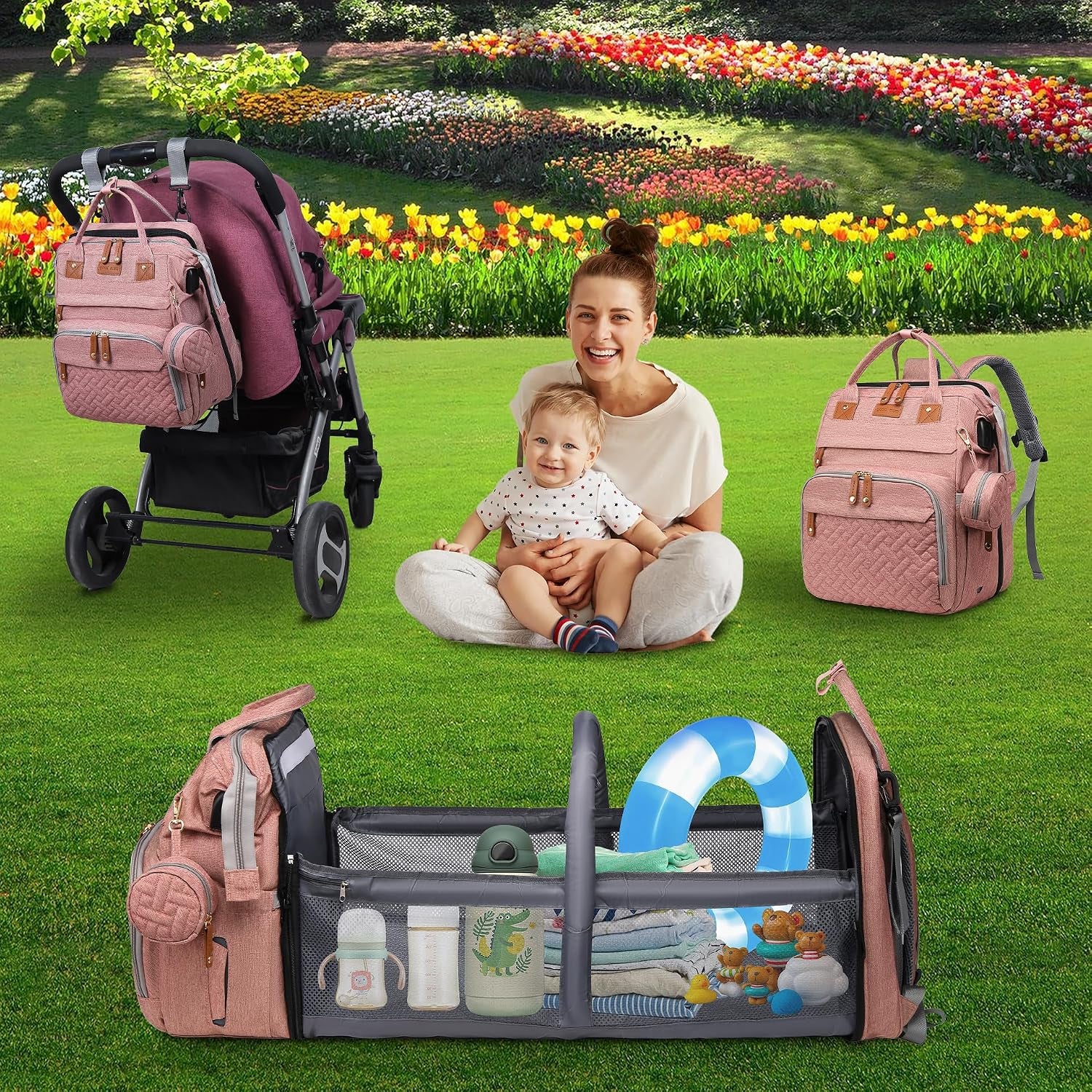 Baby Diaper Bag Backpack with Changing Station,Baby Essentials(Pink) | Baby Bag Multifunctional Waterproof Travel Backpack with Changing Pad, Pacifier Case & Stroller Straps