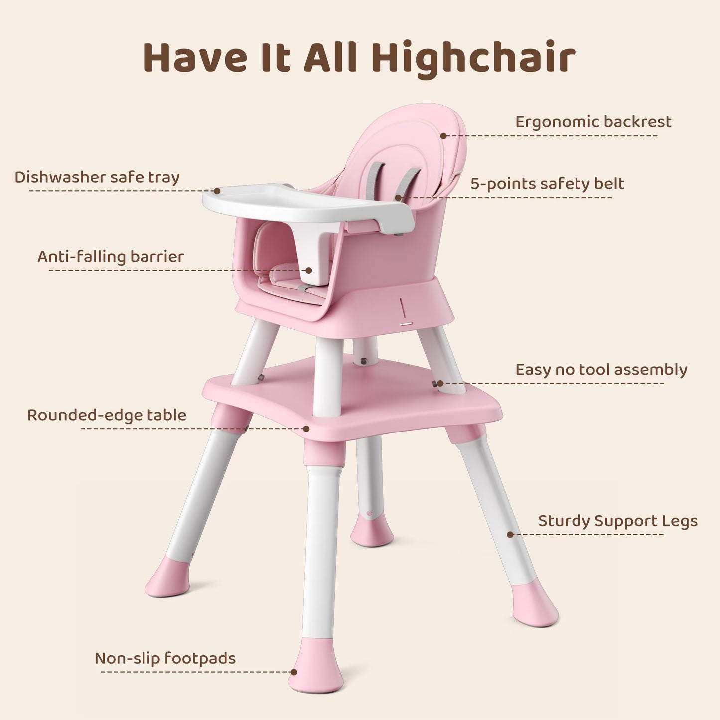 8-In-1 Baby High Chair, Toddler Booster Seat with Dishwasher-Safe Tray, Pink White