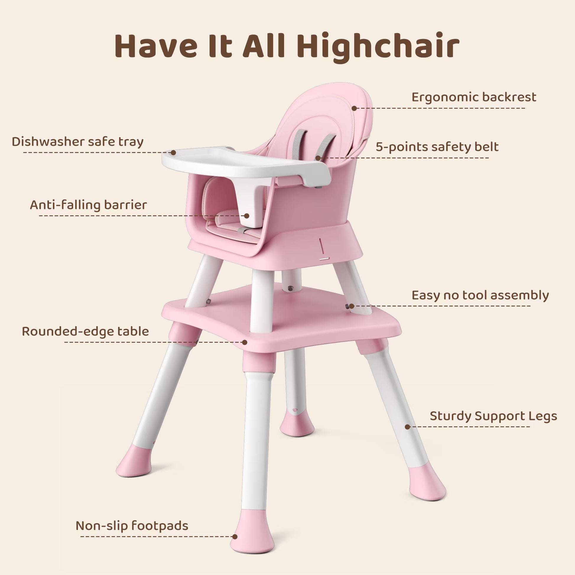 8-In-1 Baby High Chair, Toddler Booster Seat with Dishwasher-Safe Tray, Pink White