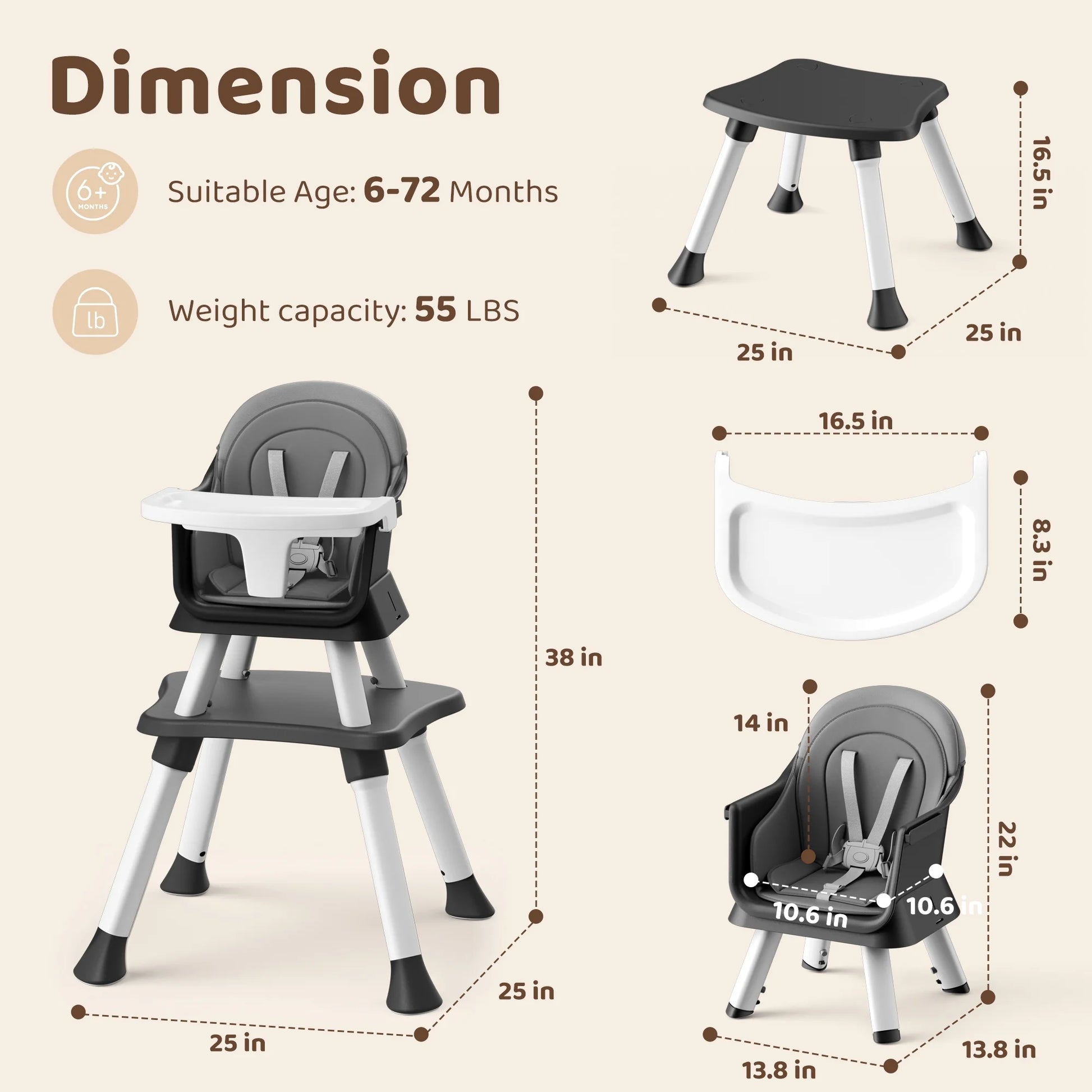 8-In-1 Baby High Chair, Toddler Booster Seat with Dishwasher-Safe Tray, Dark Grey