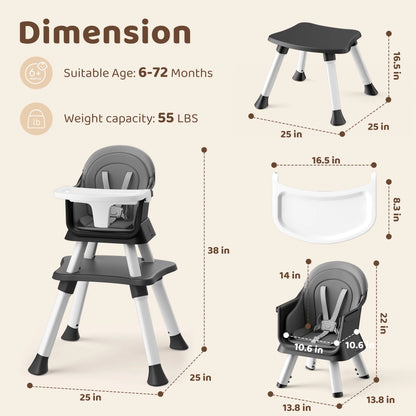 8-In-1 Baby High Chair, Toddler Booster Seat with Dishwasher-Safe Tray, Dark Grey