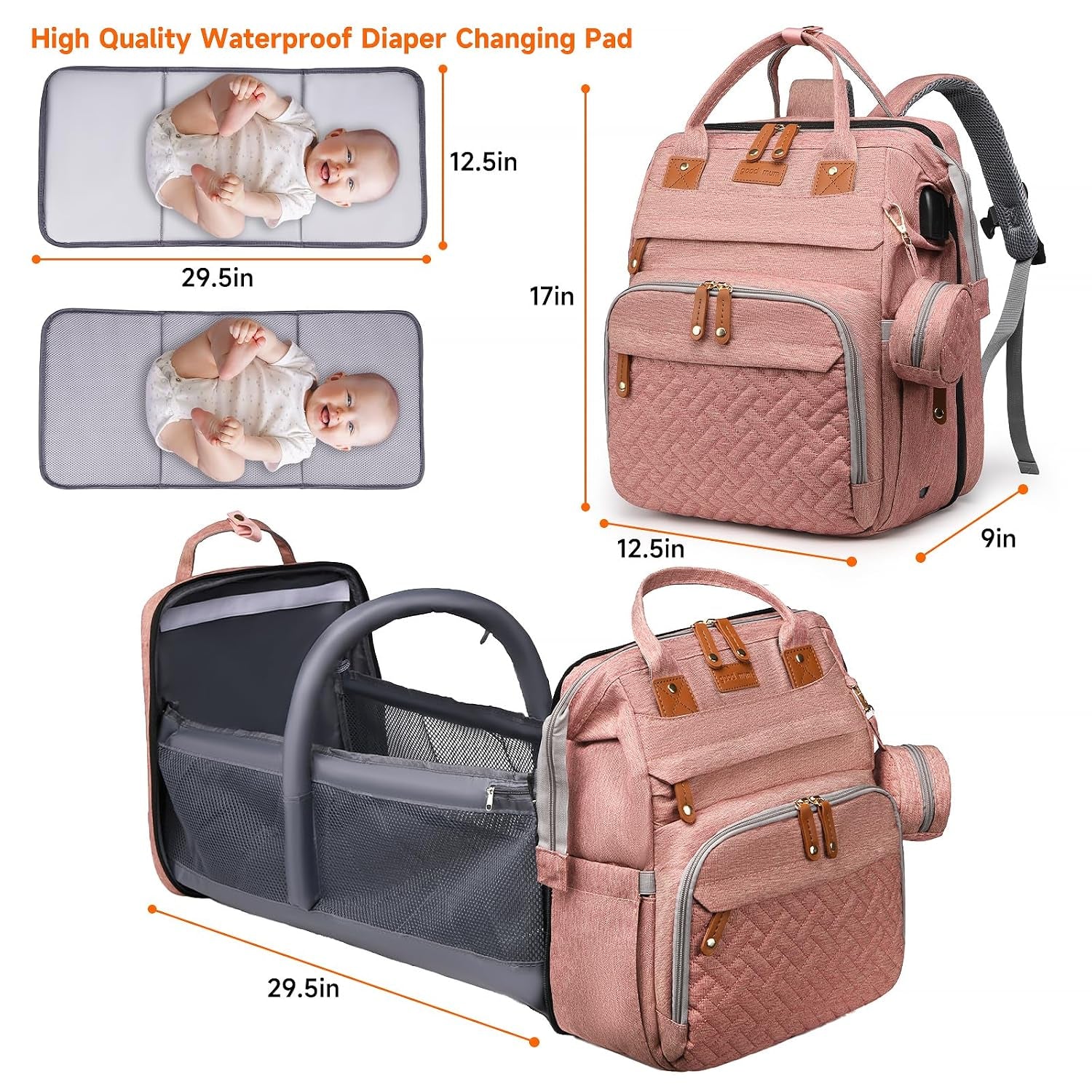 Baby Diaper Bag Backpack with Changing Station,Baby Essentials(Pink) | Baby Bag Multifunctional Waterproof Travel Backpack with Changing Pad, Pacifier Case & Stroller Straps