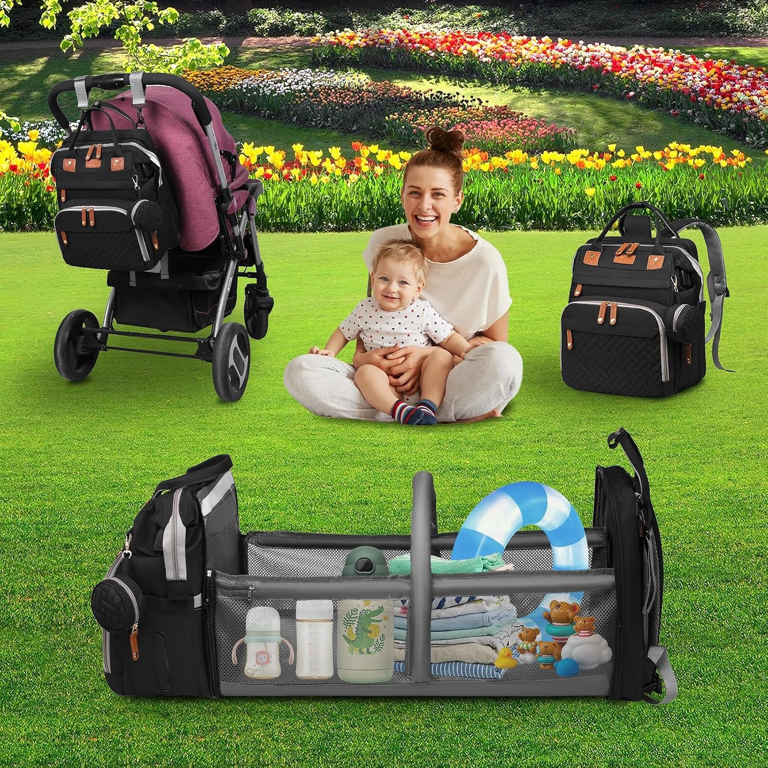 Baby Diaper Bag Backpack with Changing Station,Baby Essentials(Black) | Baby Bag Multifunctional Waterproof Travel Backpack with Changing Pad, Pacifier Case & Stroller Straps