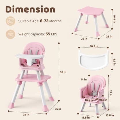 8-In-1 Baby High Chair, Toddler Booster Seat with Dishwasher-Safe Tray, Pink White