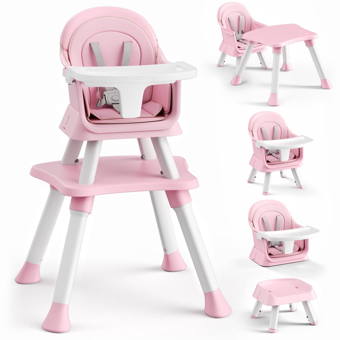 8-In-1 Baby High Chair, Toddler Booster Seat with Dishwasher-Safe Tray, Pink White