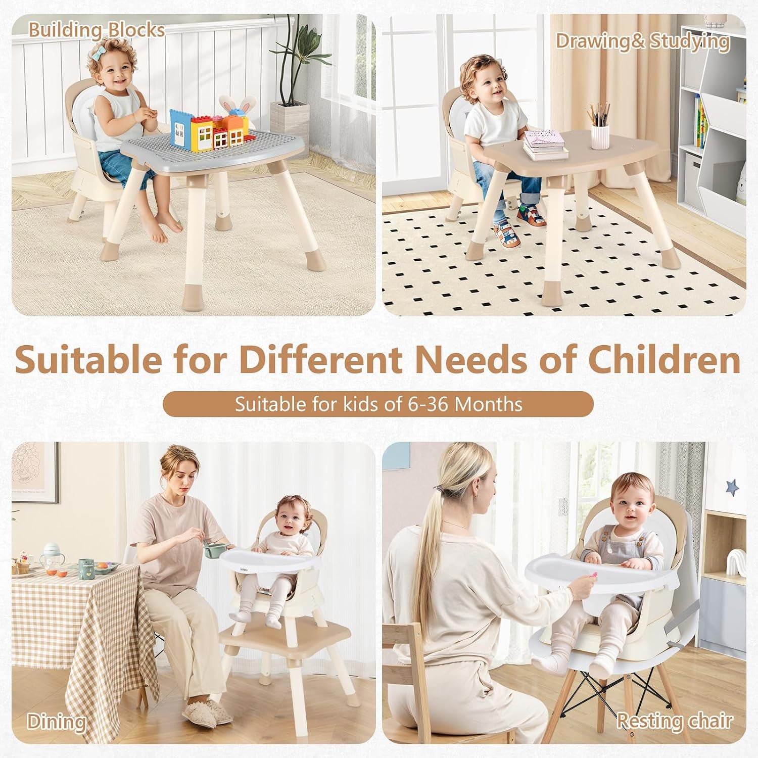 8 in 1 Baby High Chair, Convertible Highchair for Babies and Toddlers, Infant Dining Booster Seat, Building Block Table, Kids Stool Table Chair Set with Removable Tray