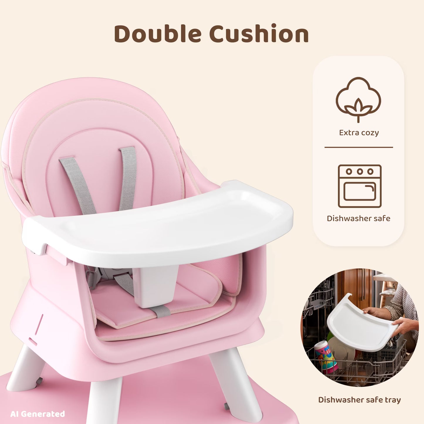8-In-1 Baby High Chair, Toddler Booster Seat with Dishwasher-Safe Tray, Pink White