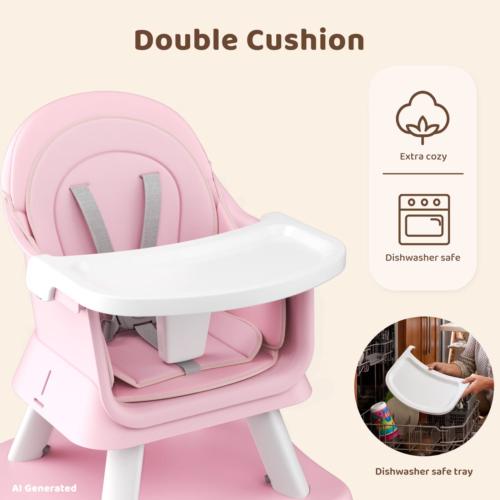 8-In-1 Baby High Chair, Toddler Booster Seat with Dishwasher-Safe Tray, Pink White