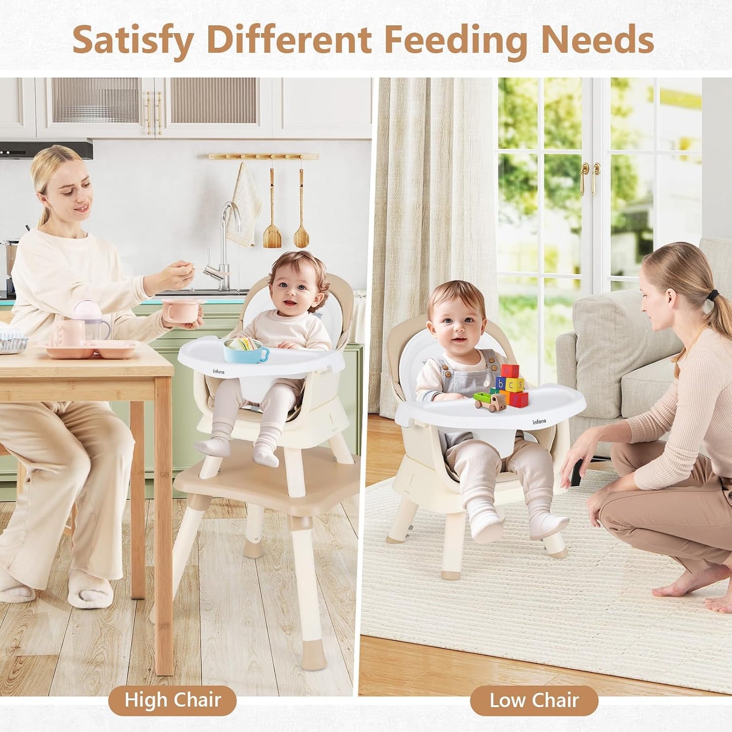 8 in 1 Baby High Chair, Convertible Highchair for Babies and Toddlers, Infant Dining Booster Seat, Building Block Table, Kids Stool Table Chair Set with Removable Tray