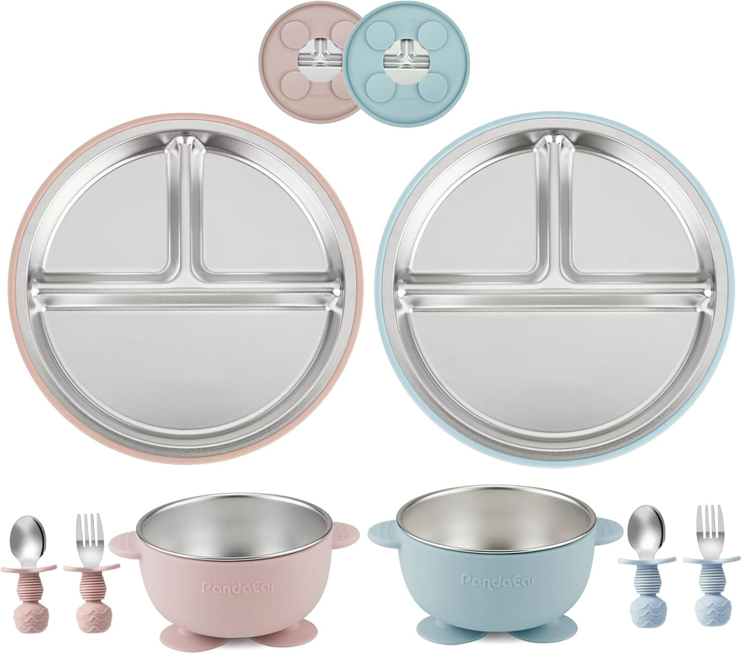 8PCS Baby Feeding Set | Stainless Steel Suction Plates and Bowls with Silicone Fork and Spoon Utensils | Baby Led Weaning Tableware for Toddlers & Kids (Pink & Blue)
