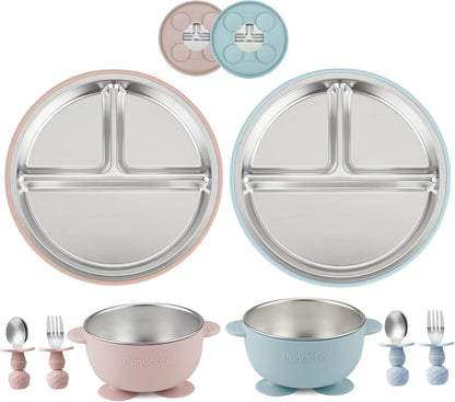 8PCS Baby Feeding Set | Stainless Steel Suction Plates and Bowls with Silicone Fork and Spoon Utensils | Baby Led Weaning Tableware for Toddlers & Kids (Pink & Blue)