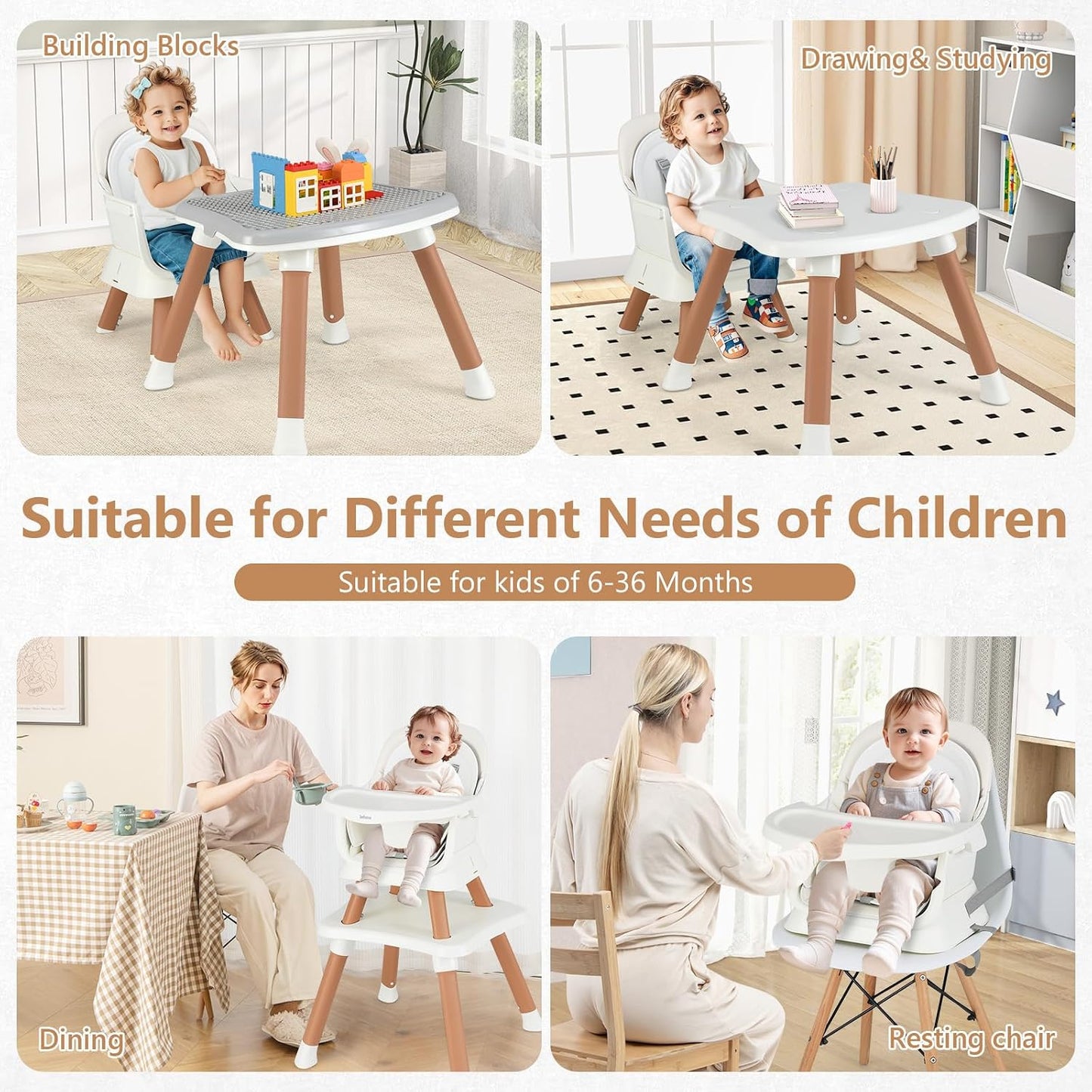 8 in 1 Baby High Chair, Convertible Highchair for Babies and Toddlers, Infant Dining Booster Seat, Building Block Table, Kids Stool Table Chair Set with Removable Tray