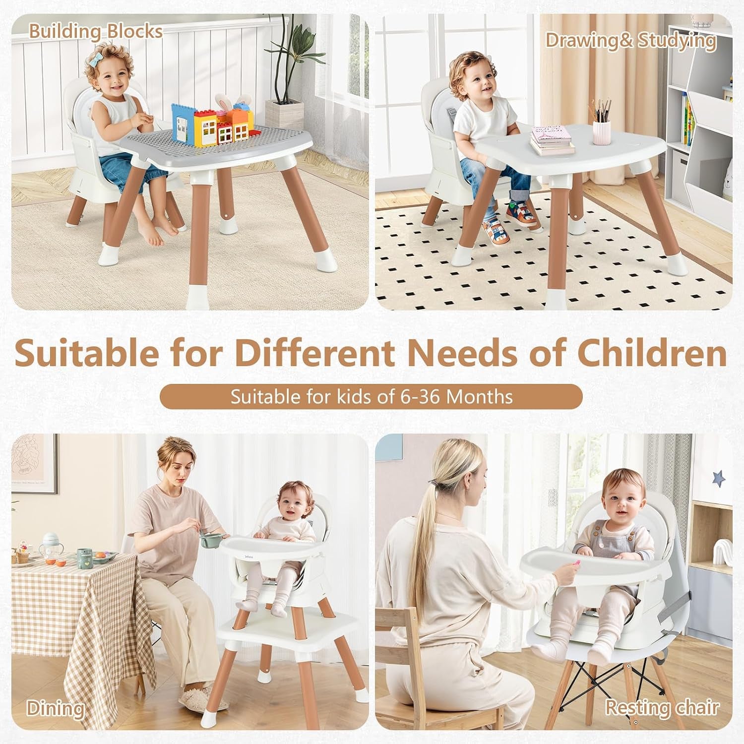 8 in 1 Baby High Chair, Convertible Highchair for Babies and Toddlers, Infant Dining Booster Seat, Building Block Table, Kids Stool Table Chair Set with Removable Tray