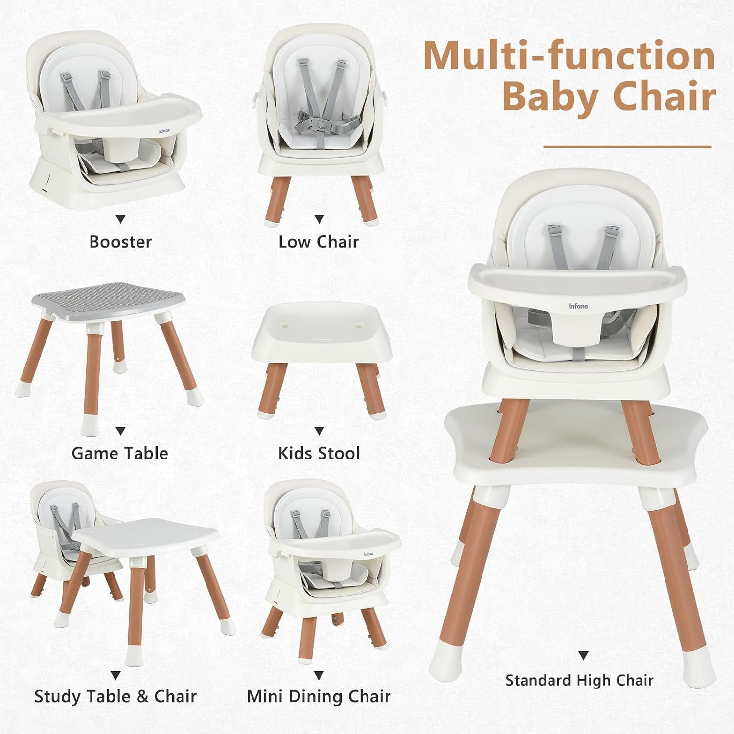 8 in 1 Baby High Chair, Convertible Highchair for Babies and Toddlers, Infant Dining Booster Seat, Building Block Table, Kids Stool Table Chair Set with Removable Tray