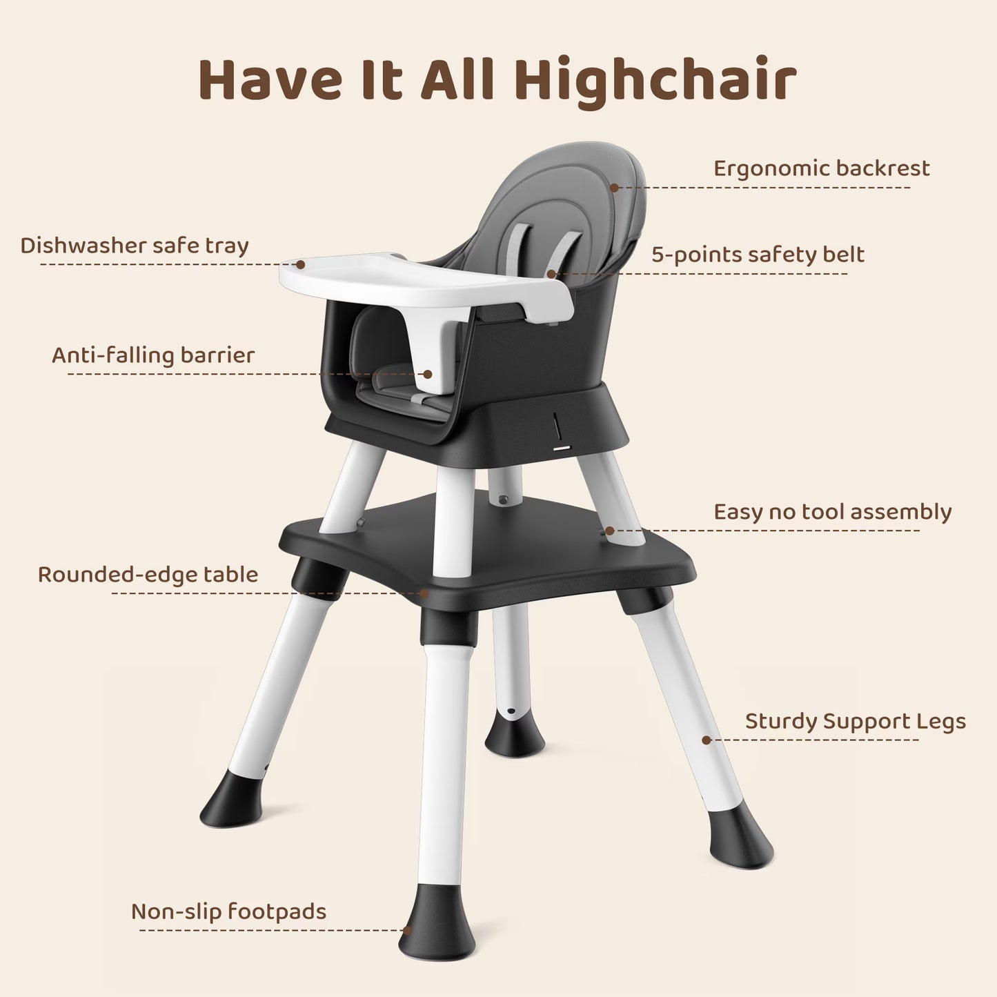 8-In-1 Baby High Chair, Toddler Booster Seat with Dishwasher-Safe Tray, Dark Grey
