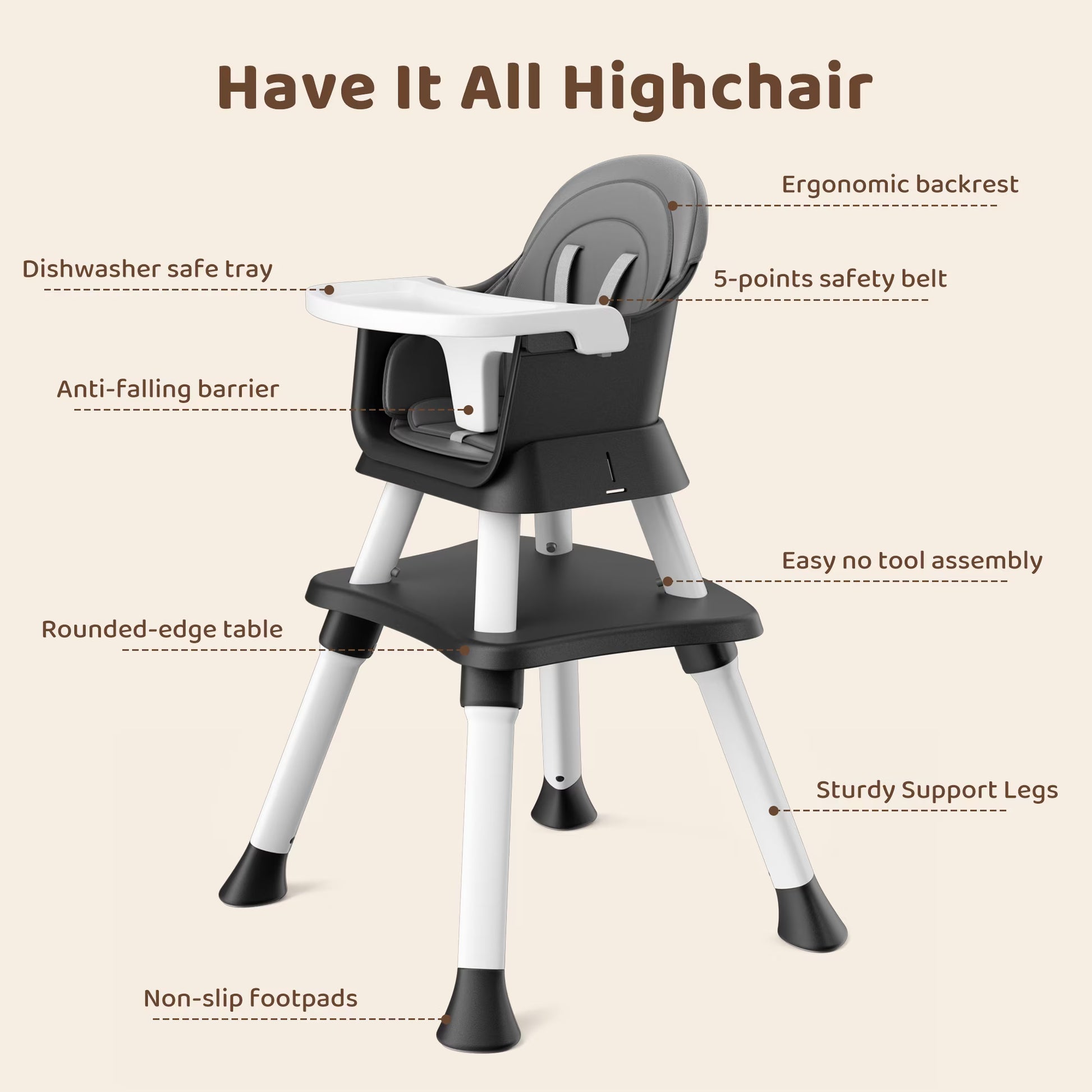 8-In-1 Baby High Chair, Toddler Booster Seat with Dishwasher-Safe Tray, Dark Grey