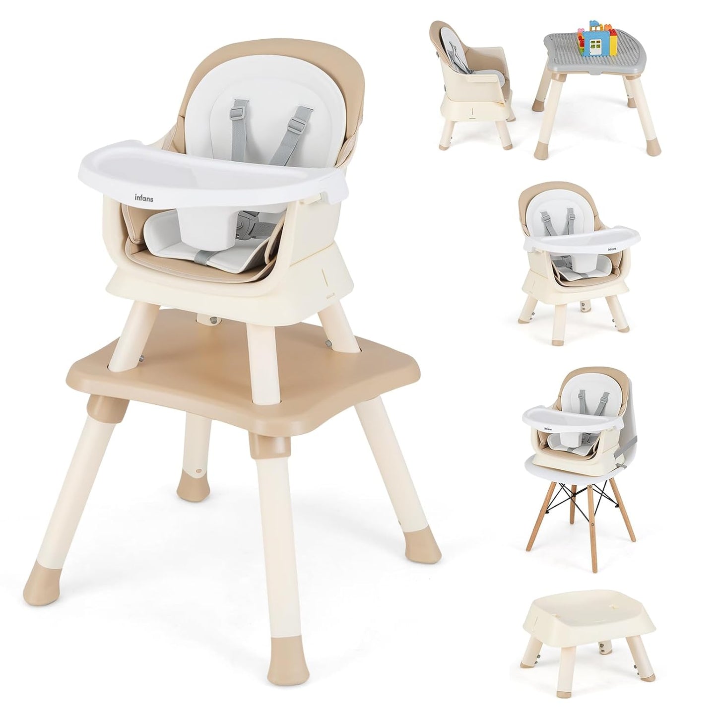 8 in 1 Baby High Chair, Convertible Highchair for Babies and Toddlers, Infant Dining Booster Seat, Building Block Table, Kids Stool Table Chair Set with Removable Tray