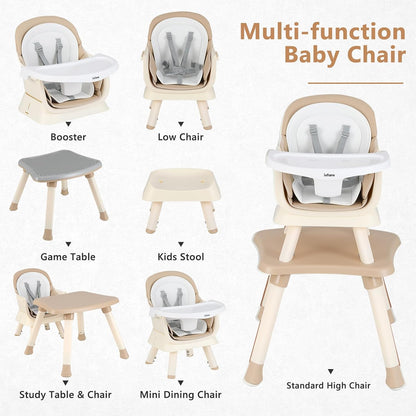 8 in 1 Baby High Chair, Convertible Highchair for Babies and Toddlers, Infant Dining Booster Seat, Building Block Table, Kids Stool Table Chair Set with Removable Tray