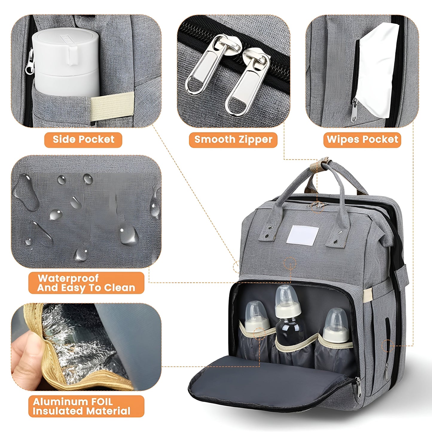 Royallure Smart Diaper Bag Backpack with Foldable Bed and USB Charging Port