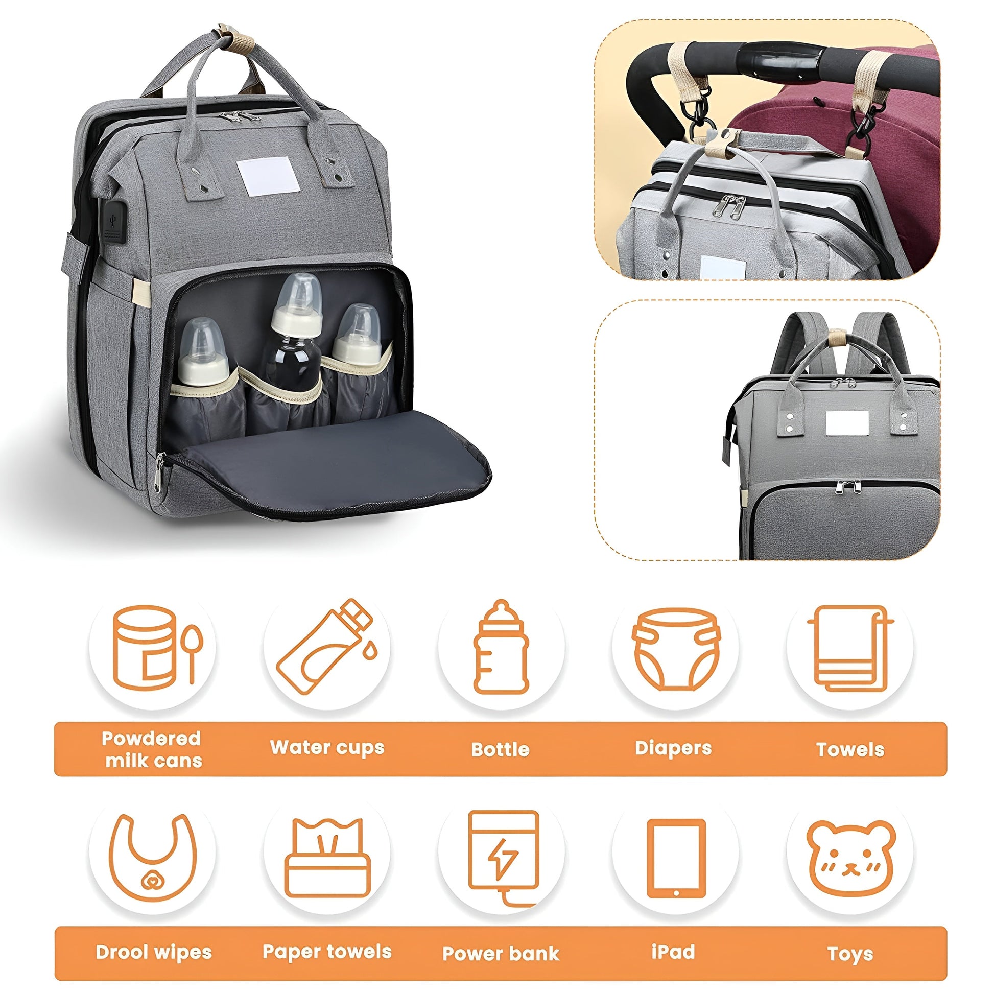 Royallure Smart Diaper Bag Backpack with Foldable Bed and USB Charging Port