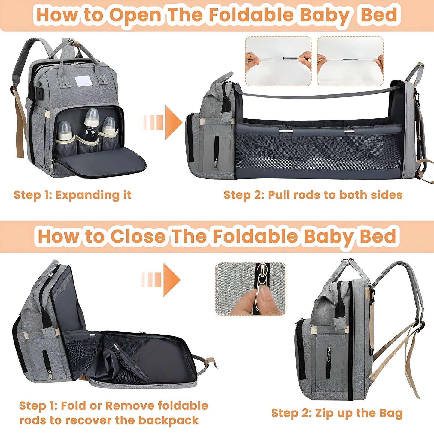 Royallure Smart Diaper Bag Backpack with Foldable Bed and USB Charging Port