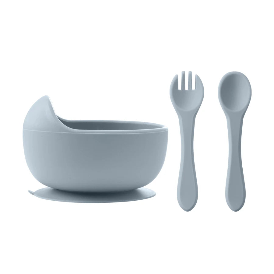 3Pcs Silicone Baby Feeding Bowl Set Baby Learning Dishes Suction Bowl Set Wood Spoon Fork Children Tableware Baby Stuff