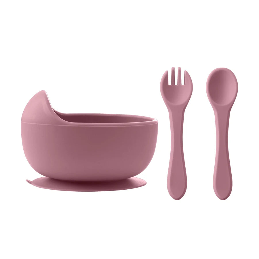 3Pcs Silicone Baby Feeding Bowl Set Baby Learning Dishes Suction Bowl Set Wood Spoon Fork Children Tableware Baby Stuff