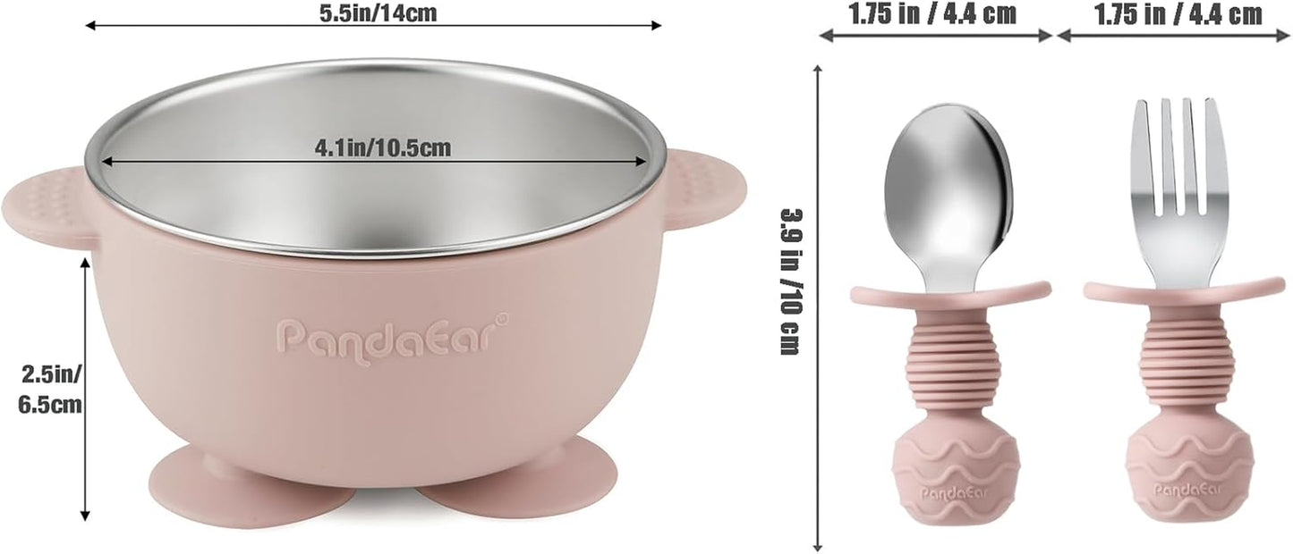 8PCS Baby Feeding Set | Stainless Steel Suction Plates and Bowls with Silicone Fork and Spoon Utensils | Baby Led Weaning Tableware for Toddlers & Kids (Pink & Blue)