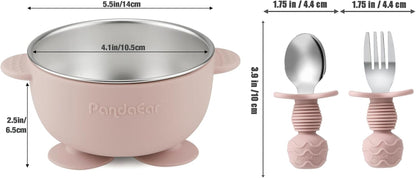 8PCS Baby Feeding Set | Stainless Steel Suction Plates and Bowls with Silicone Fork and Spoon Utensils | Baby Led Weaning Tableware for Toddlers & Kids (Pink & Blue)
