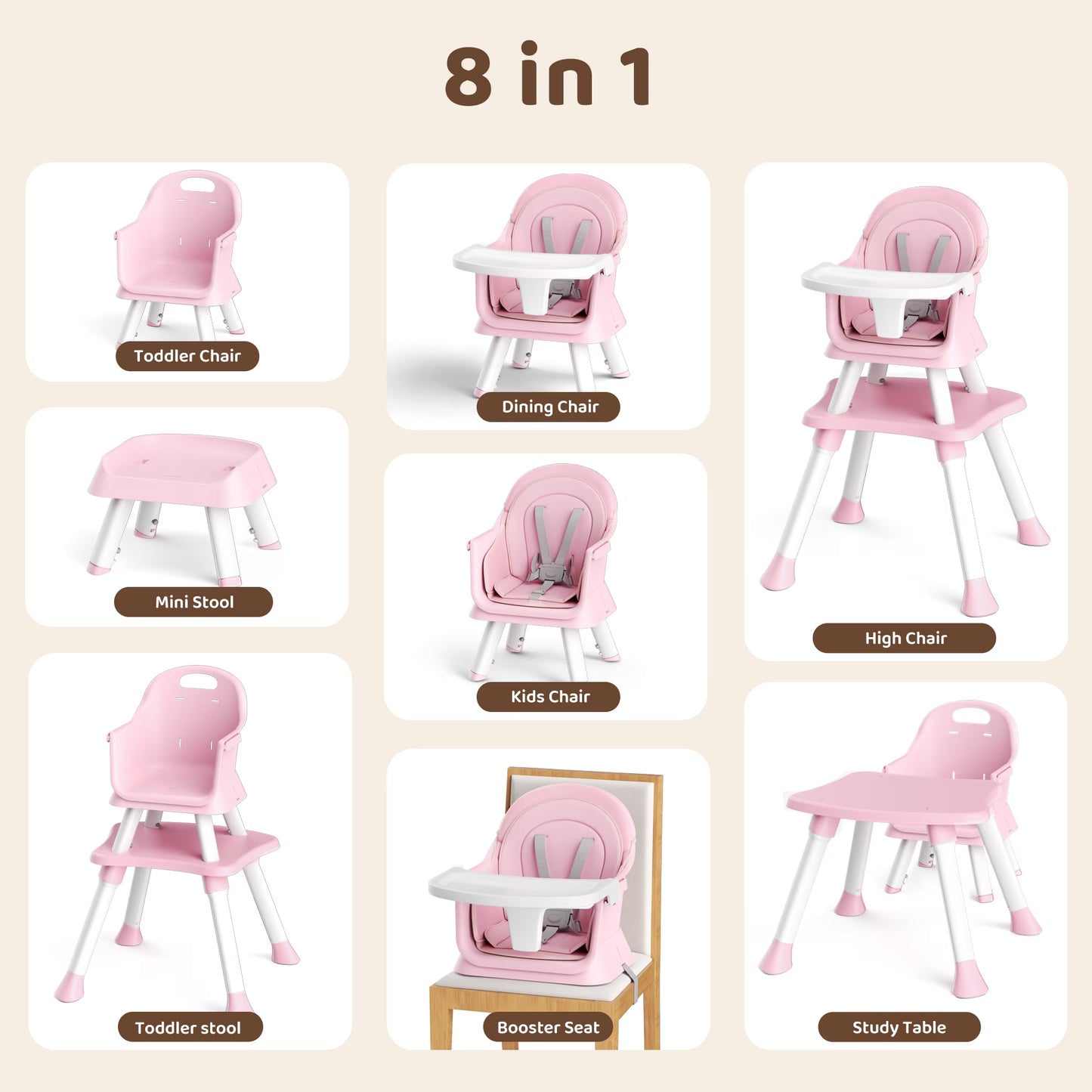 8-In-1 Baby High Chair, Toddler Booster Seat with Dishwasher-Safe Tray, Pink White