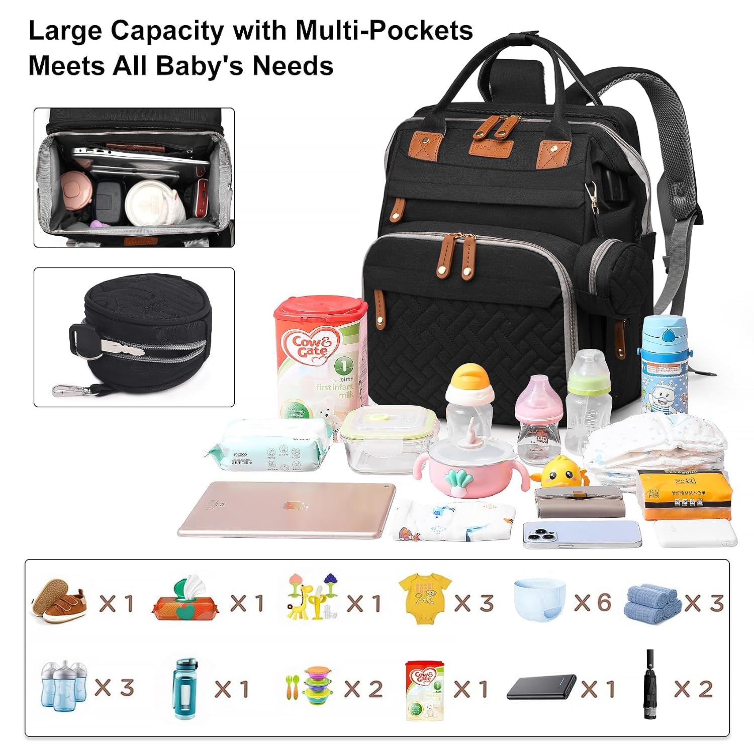 Baby Diaper Bag Backpack with Changing Station,Baby Essentials(Black) | Baby Bag Multifunctional Waterproof Travel Backpack with Changing Pad, Pacifier Case & Stroller Straps