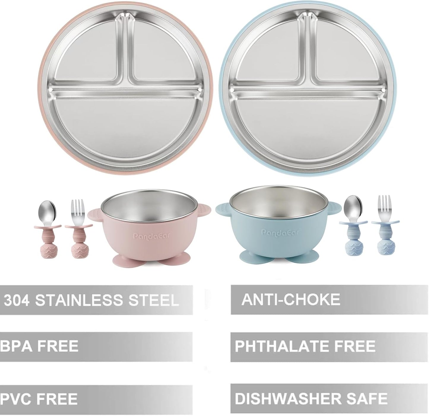 8PCS Baby Feeding Set | Stainless Steel Suction Plates and Bowls with Silicone Fork and Spoon Utensils | Baby Led Weaning Tableware for Toddlers & Kids (Pink & Blue)