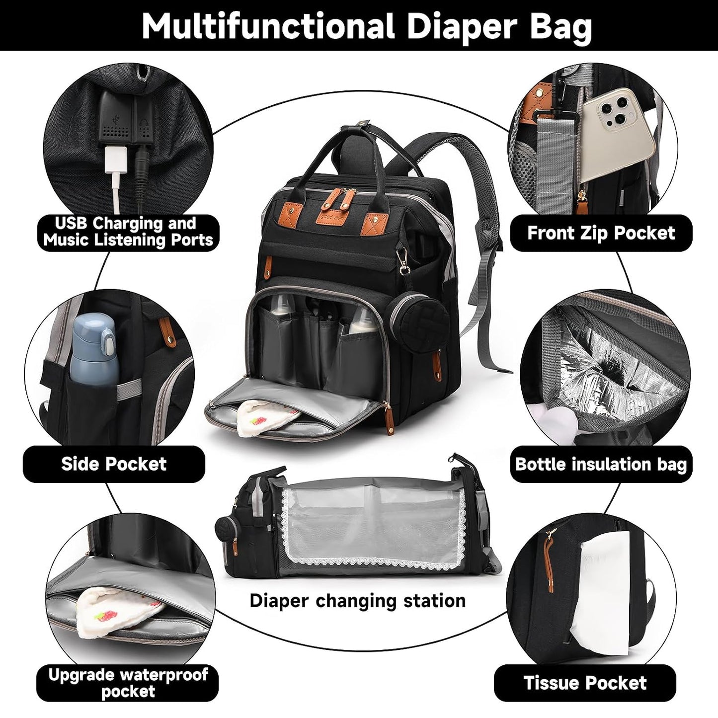 Baby Diaper Bag Backpack with Changing Station,Baby Essentials(Black) | Baby Bag Multifunctional Waterproof Travel Backpack with Changing Pad, Pacifier Case & Stroller Straps