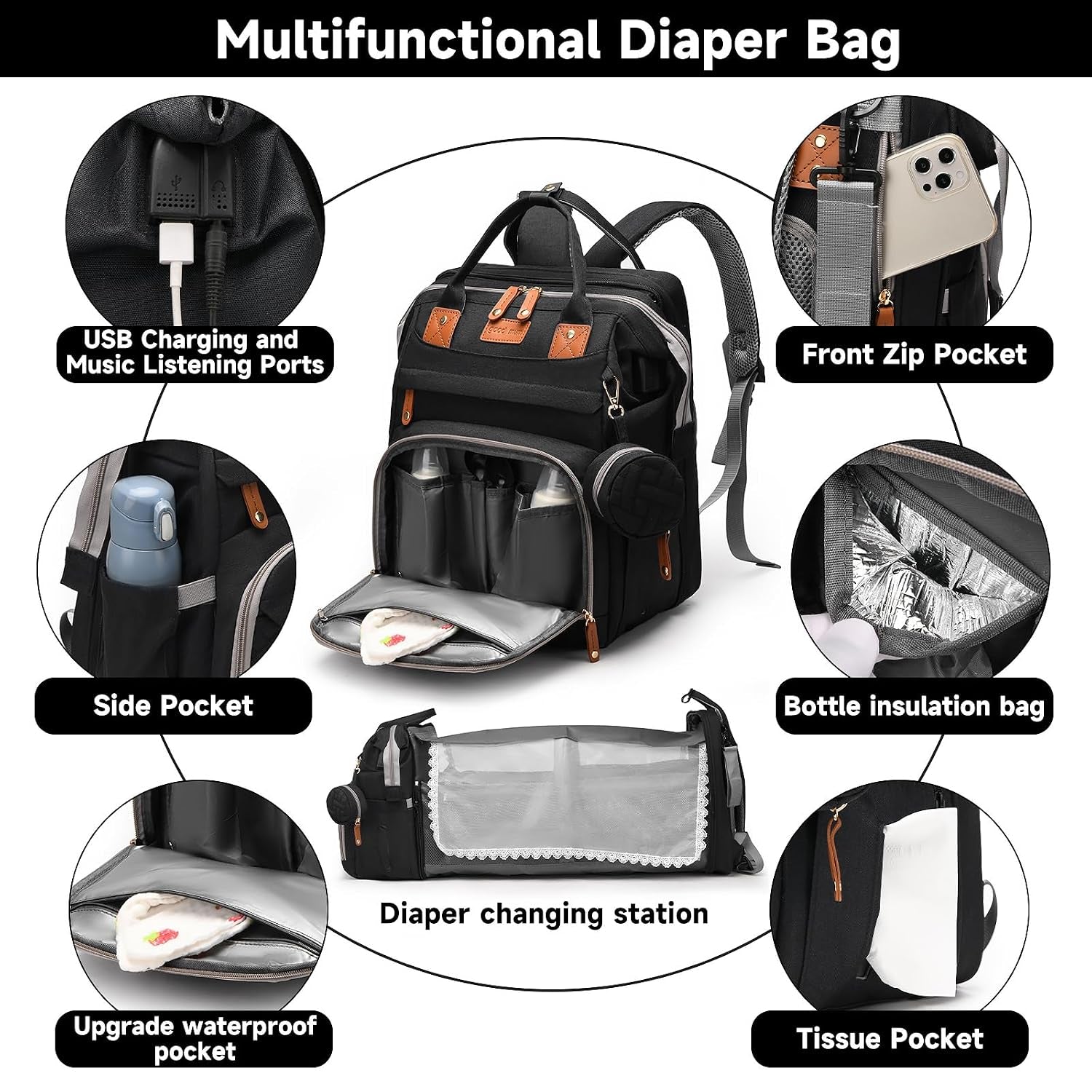 Baby Diaper Bag Backpack with Changing Station,Baby Essentials(Black) | Baby Bag Multifunctional Waterproof Travel Backpack with Changing Pad, Pacifier Case & Stroller Straps