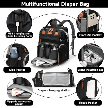 Baby Diaper Bag Backpack with Changing Station,Baby Essentials(Black) | Baby Bag Multifunctional Waterproof Travel Backpack with Changing Pad, Pacifier Case & Stroller Straps