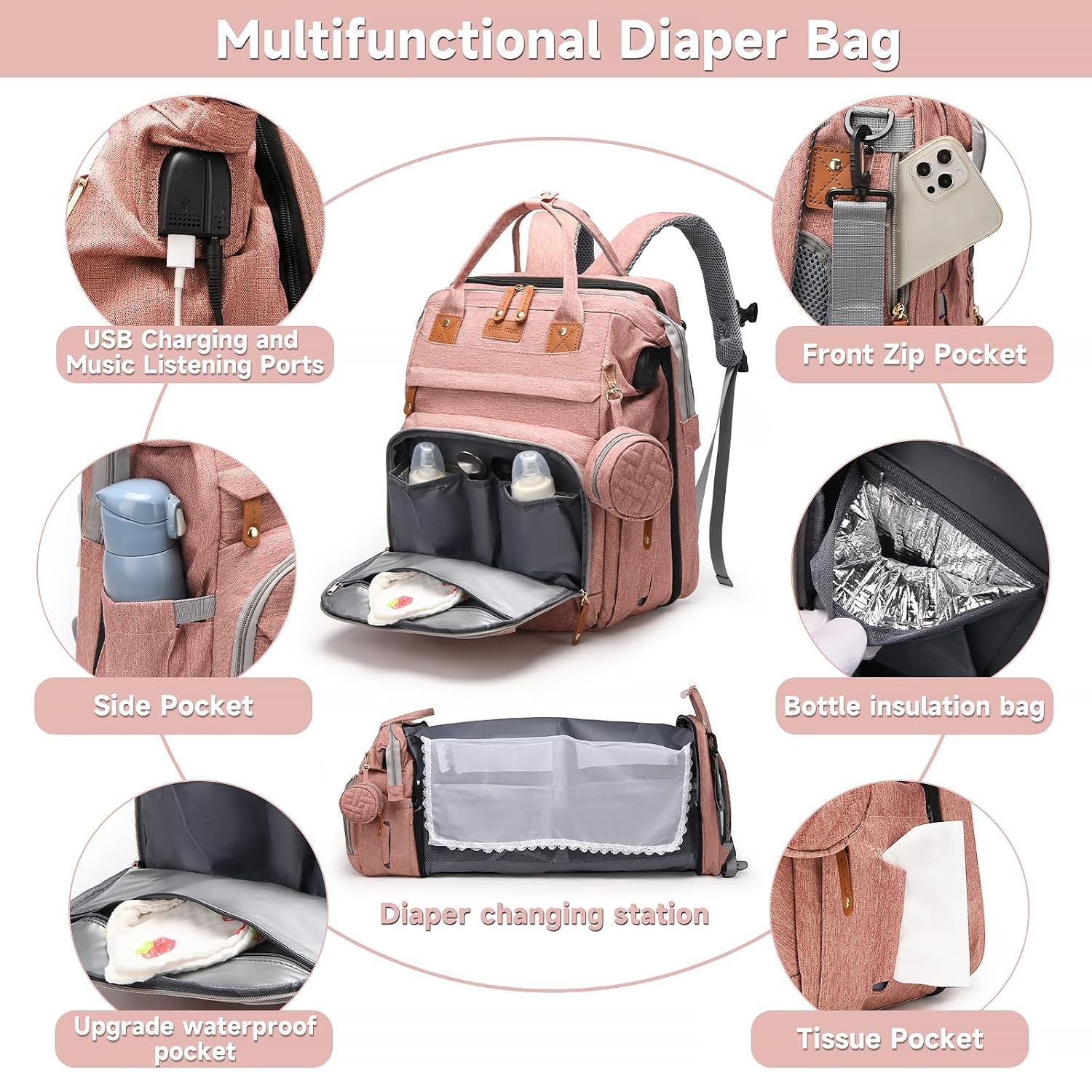 Baby Diaper Bag Backpack with Changing Station,Baby Essentials(Pink) | Baby Bag Multifunctional Waterproof Travel Backpack with Changing Pad, Pacifier Case & Stroller Straps