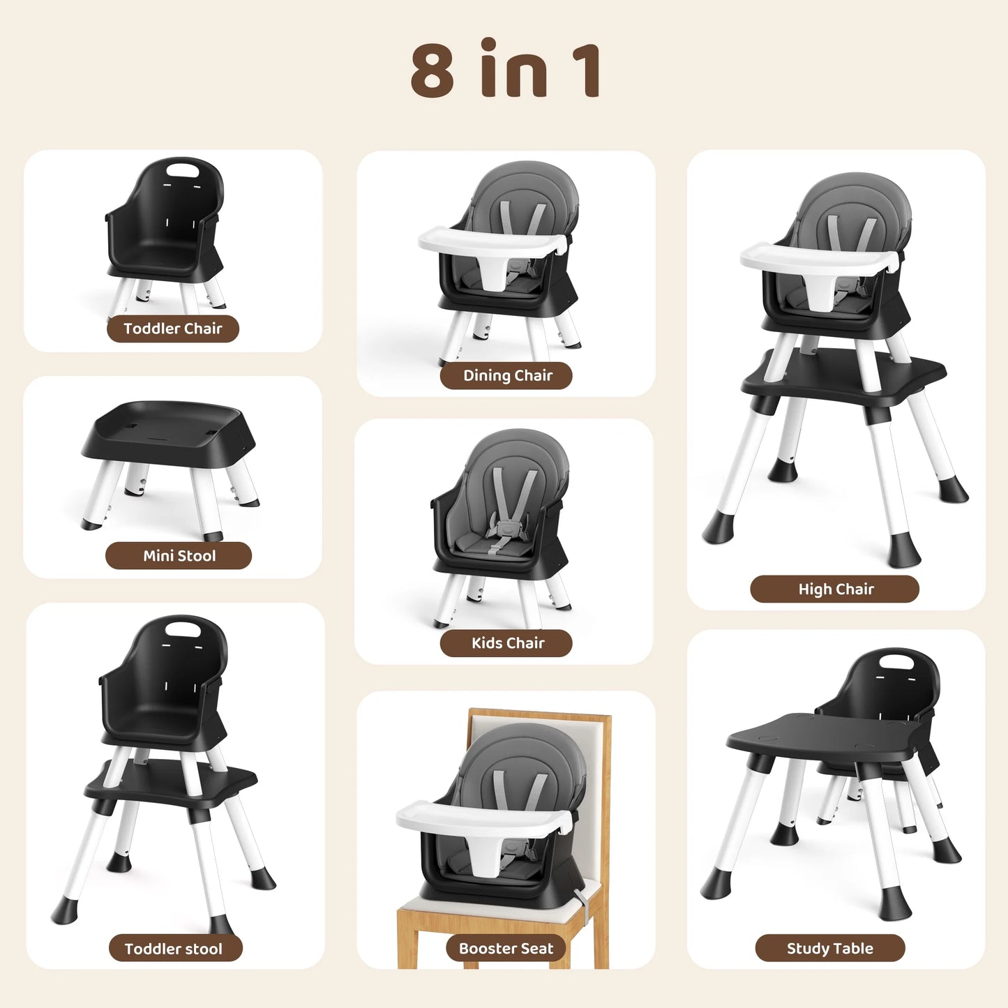 8-In-1 Baby High Chair, Toddler Booster Seat with Dishwasher-Safe Tray, Dark Grey