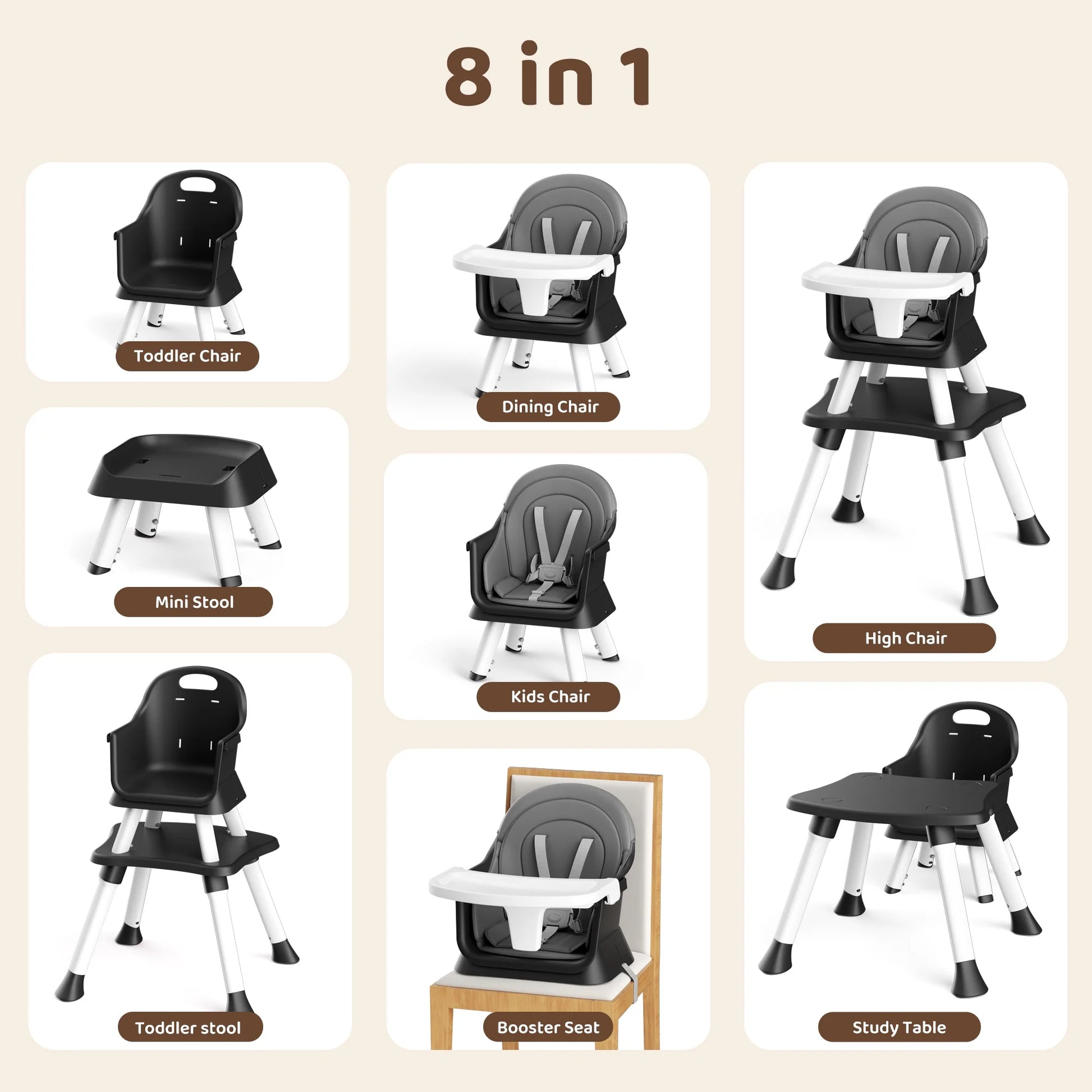 8-In-1 Baby High Chair, Toddler Booster Seat with Dishwasher-Safe Tray, Dark Grey