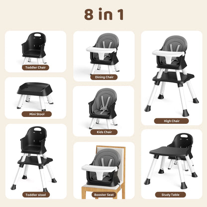 8-In-1 Baby High Chair, Toddler Booster Seat with Dishwasher-Safe Tray, Dark Grey